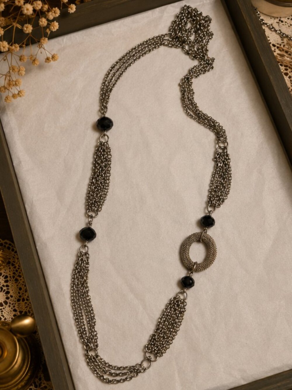 Multi-Chain Statement Necklace | Black Crystal Accents